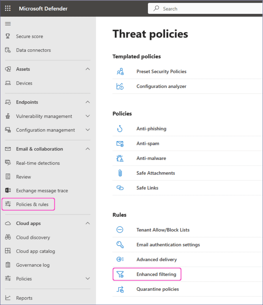 Selecting enhanced filtering in M365 Defender admin center