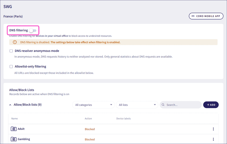 Enable DNS filtering