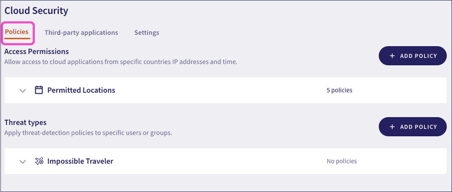 Cloud security policies tab