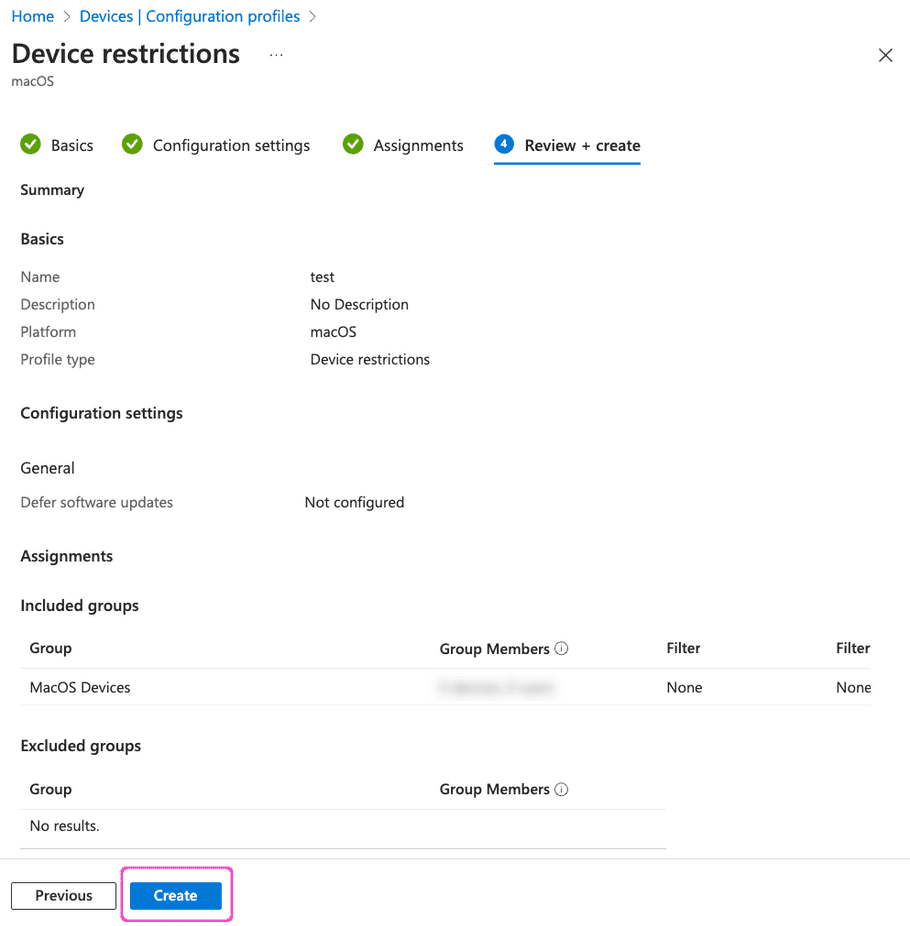 Device restrictions dialog - Review and Create