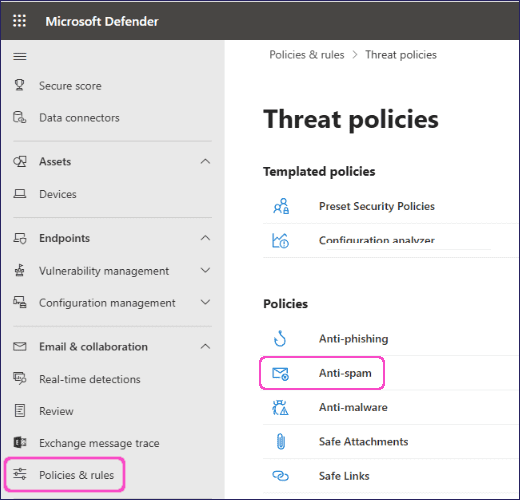 Selecting an M365 antispam threat policy