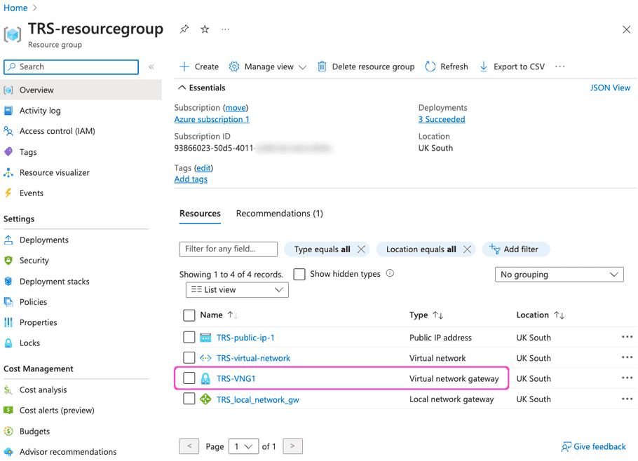 Azure resource group - selecting the virtual network gateway