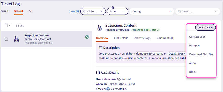 Email Security ticket actions
