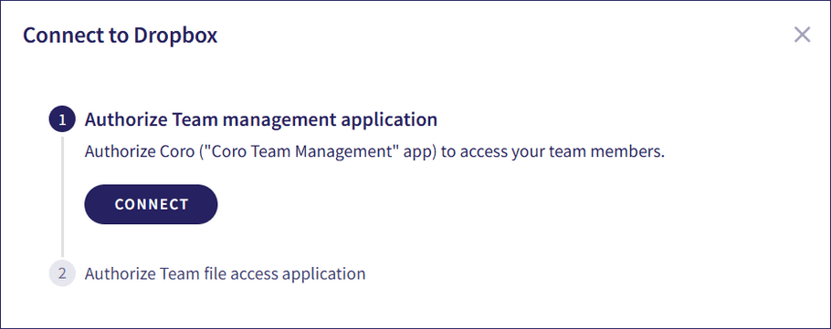 Connect to Dropbox dialog step 1