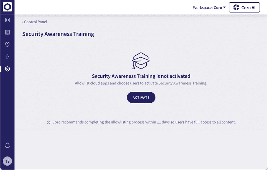 Security Awareness Training config page