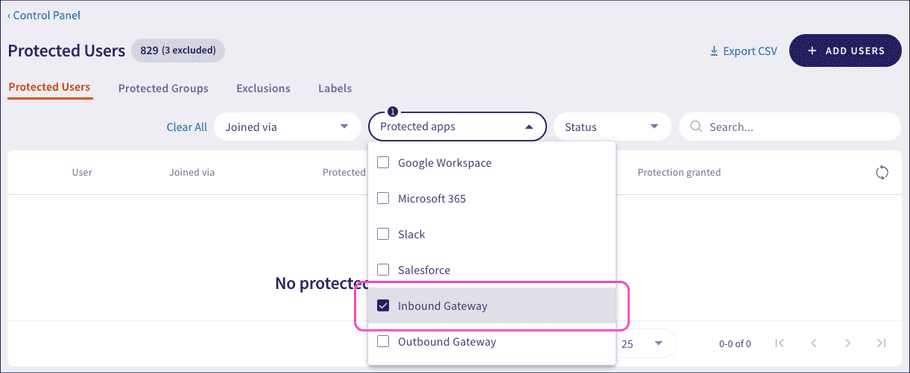 Inbound Gateway selected in Protected apps dropdown