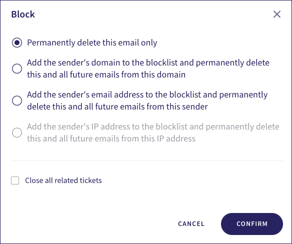 Email Security ticket block options