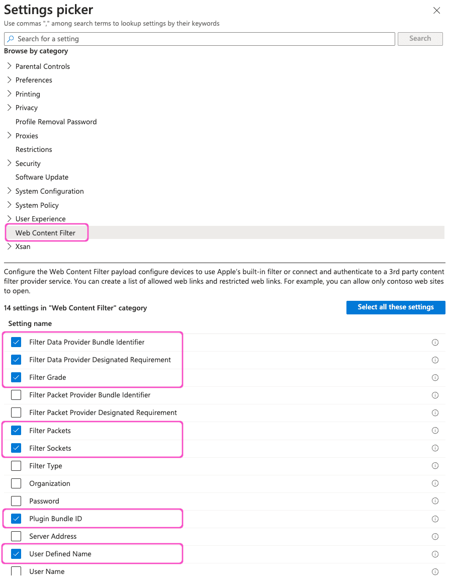 Select Web Content Filter settings