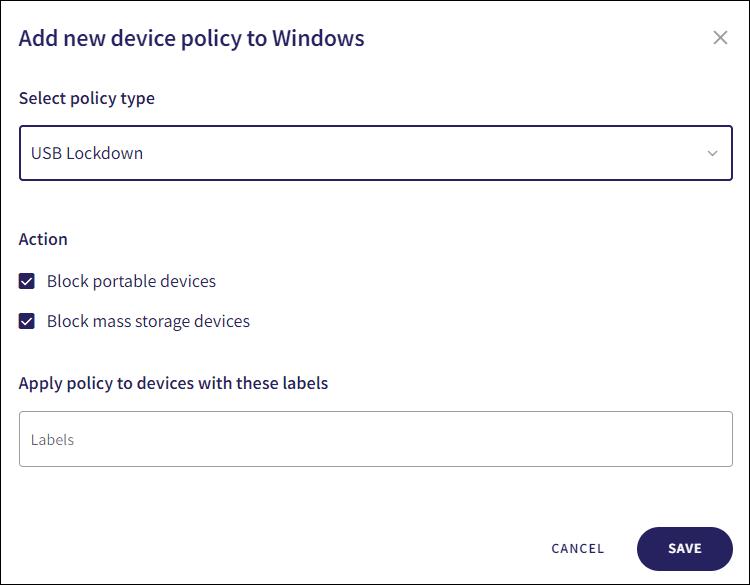 New USB Lockdown policy dialog