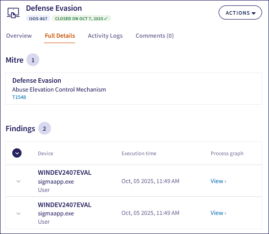 EDR ticket findings section
