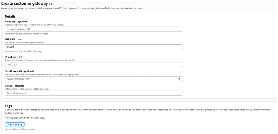 Create customer gateway page
