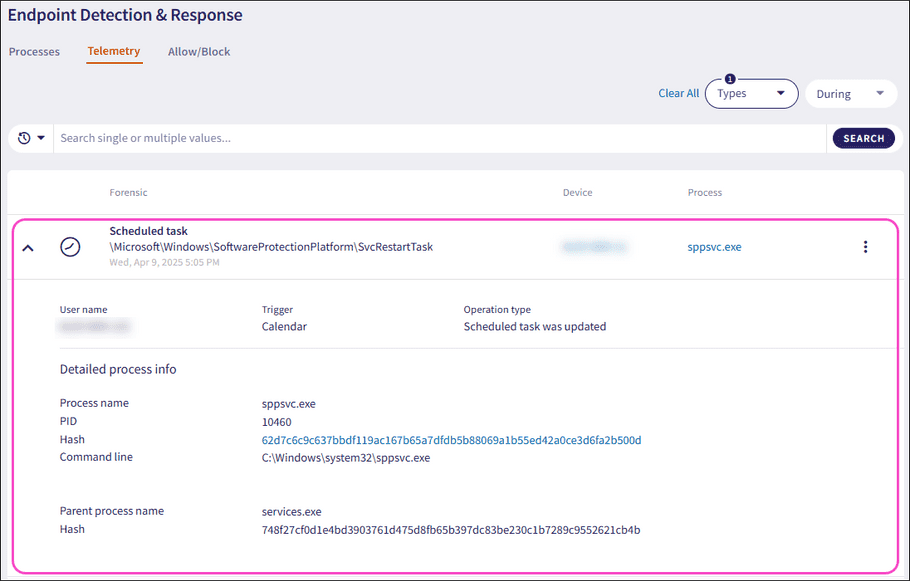 Scheduled task detailed process info