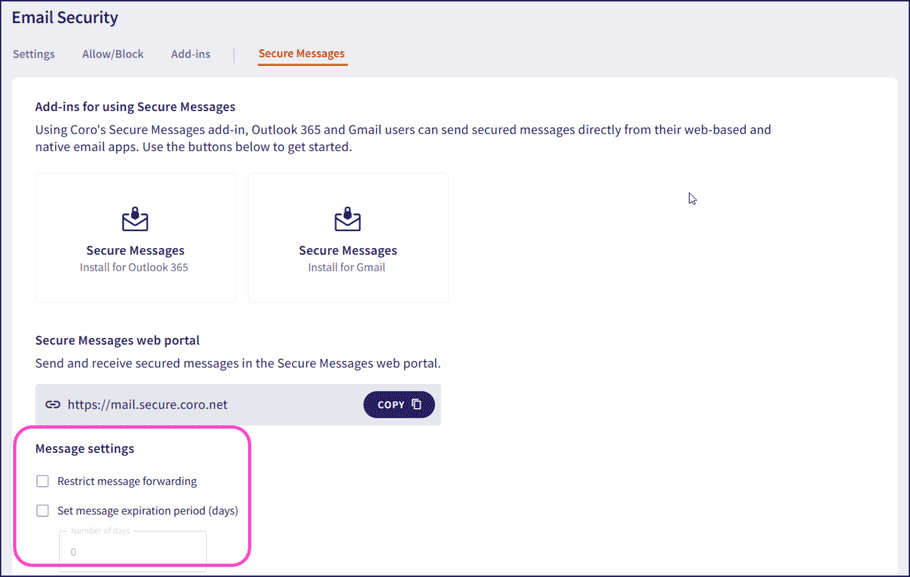 Secure Messages settings