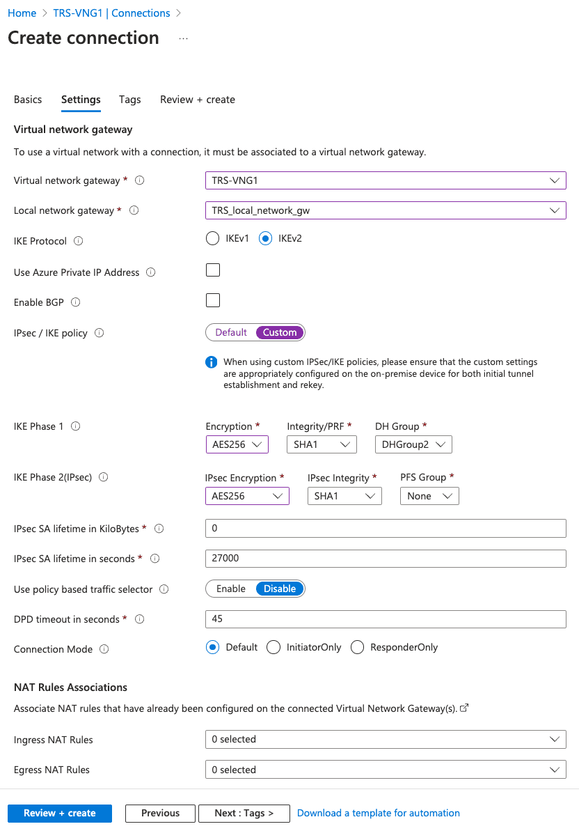 Azure Create connection - Settings tab