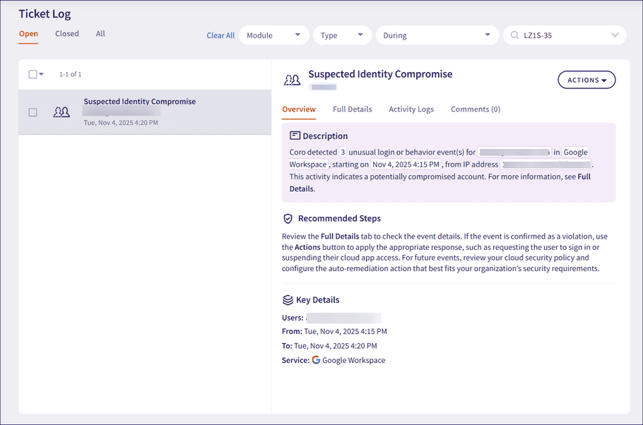 Suspected identity compromise ticket