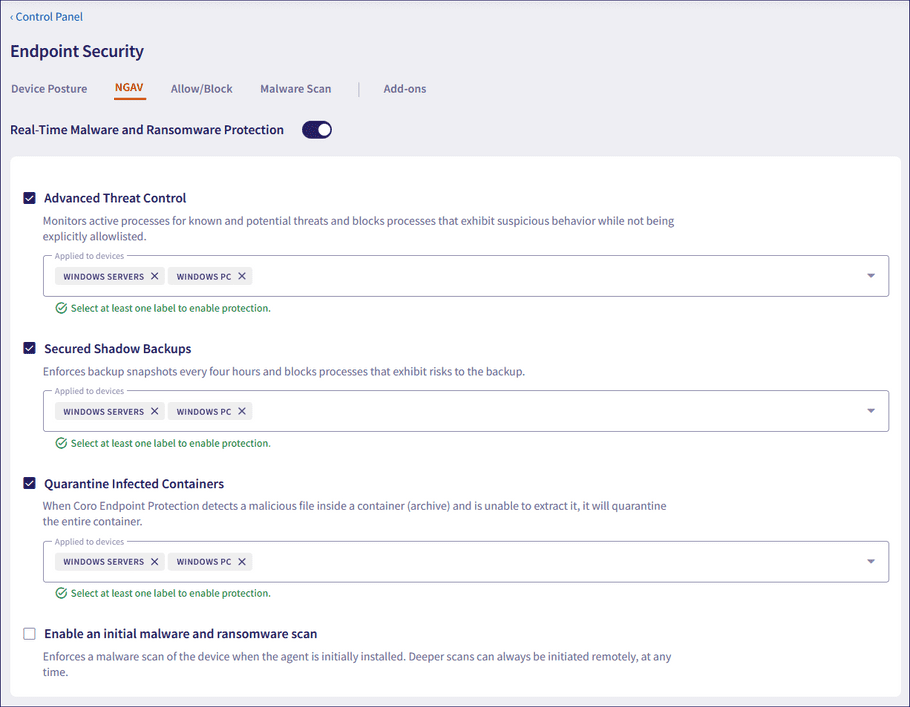Endpoint monitoring settings