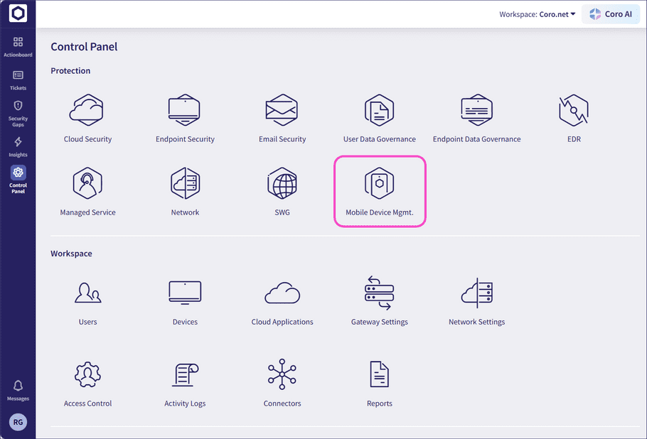 Accessing MDM from the Control panel