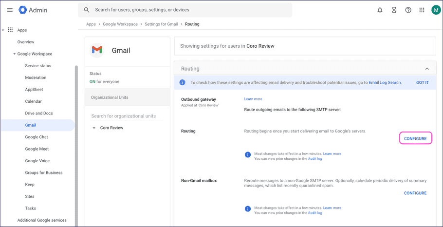 Configure routing in Gmail