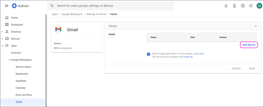 Add route in Gmail Hosts