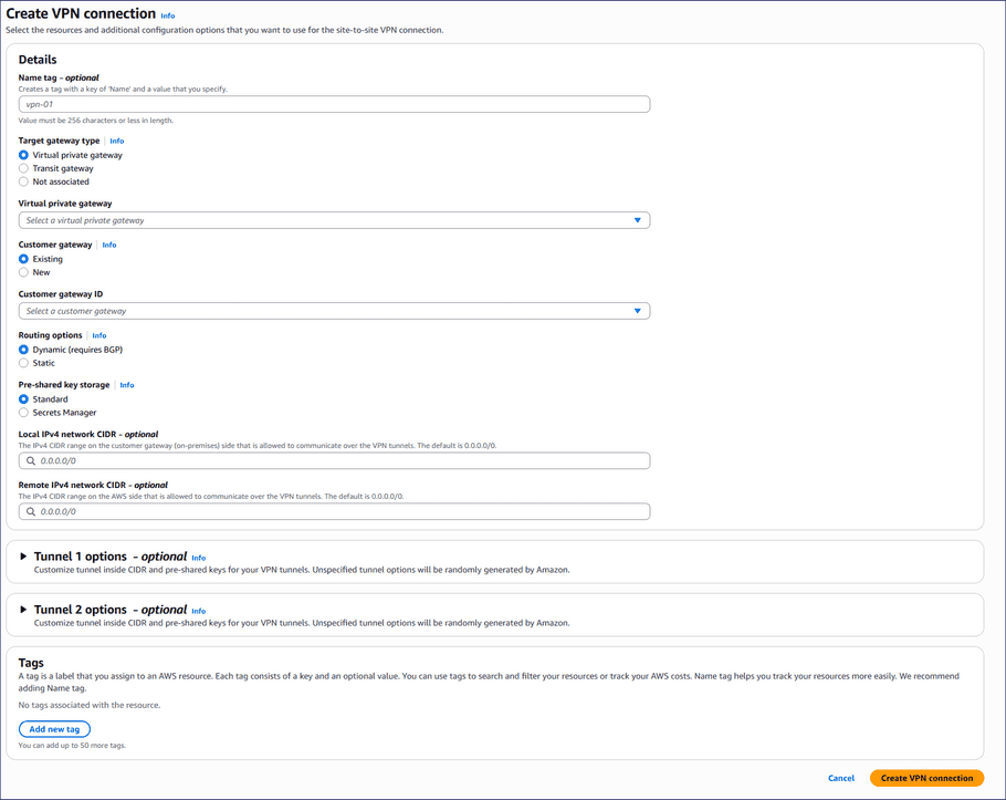 Create VPN connection page