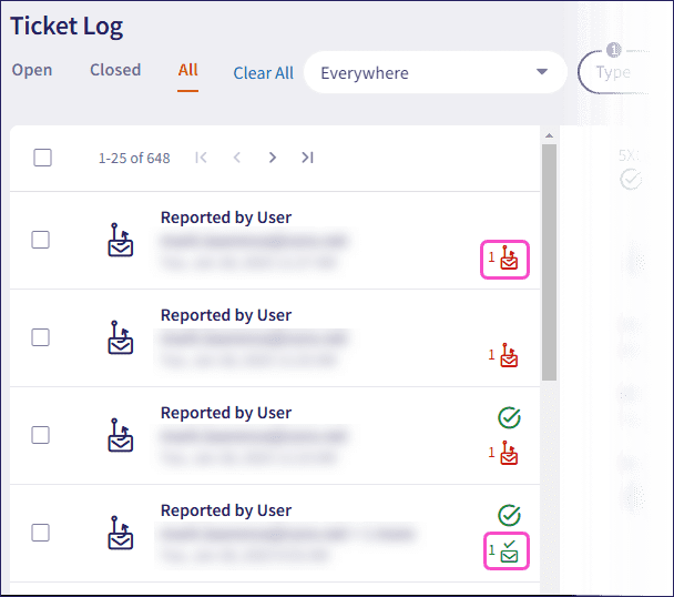 User-reported phishing and safe ticket icons