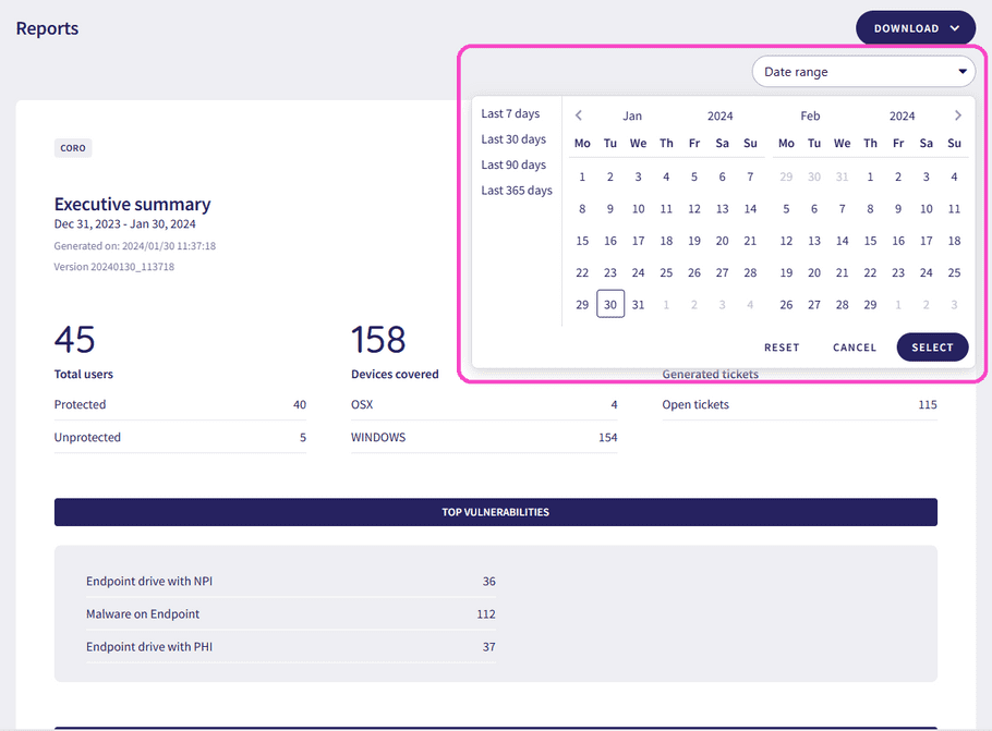 Date range for report