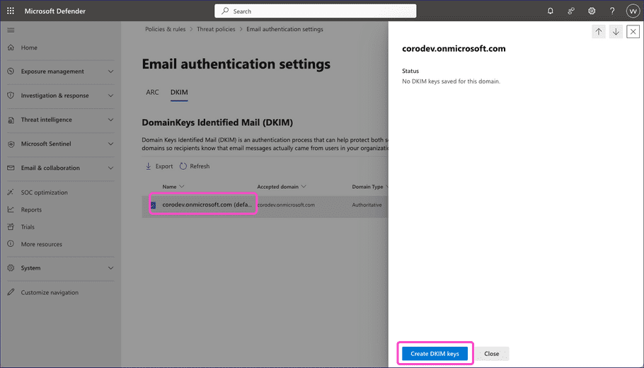 Microsoft Defender - create DKIM keys
