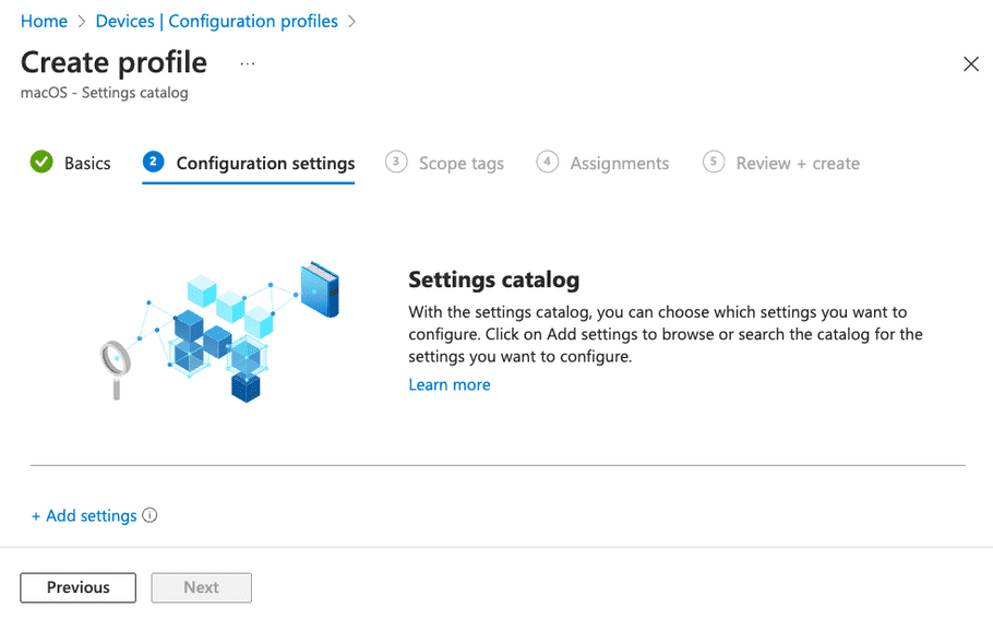 Create profile dialog - Configuration settings