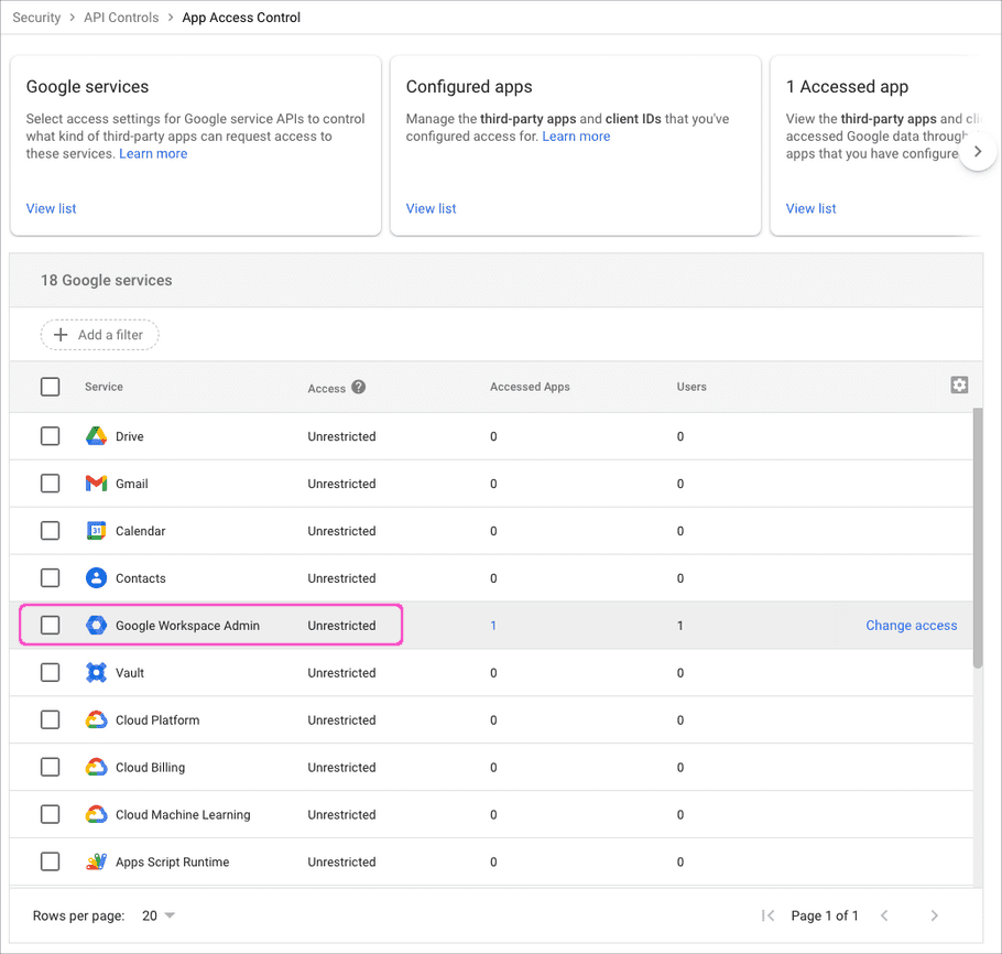 Google Workspace admin console API controls screen