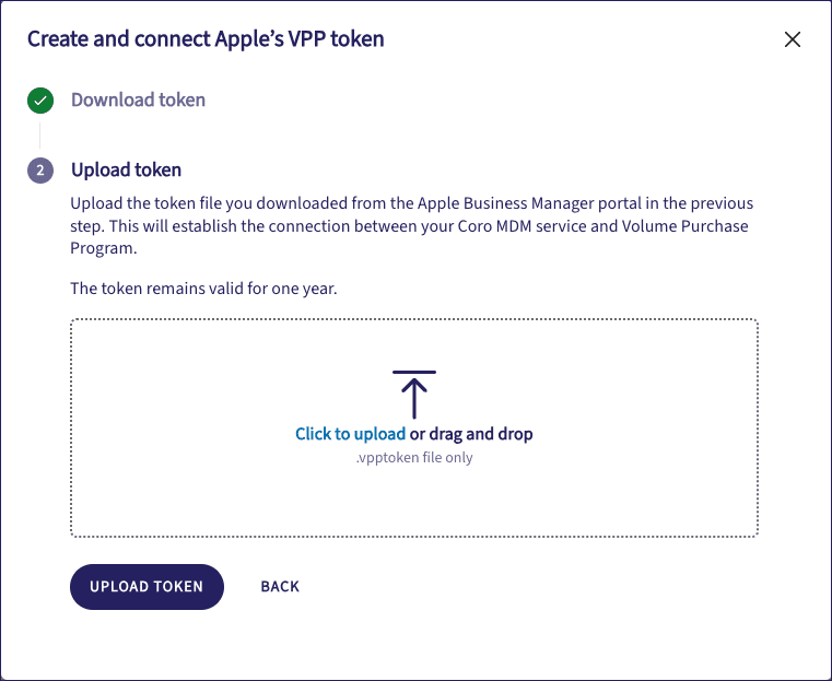 Create and connect Apple's VPP token dialog - step 2