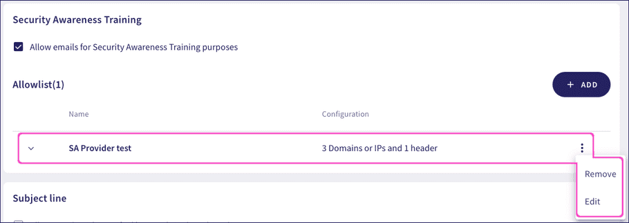 Security Awareness Training allowlist edit menu