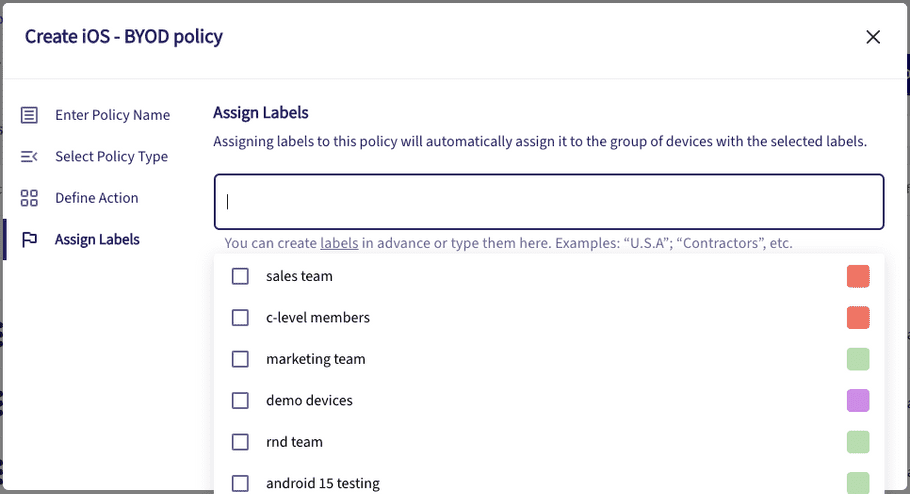 Assigning labels to the policy