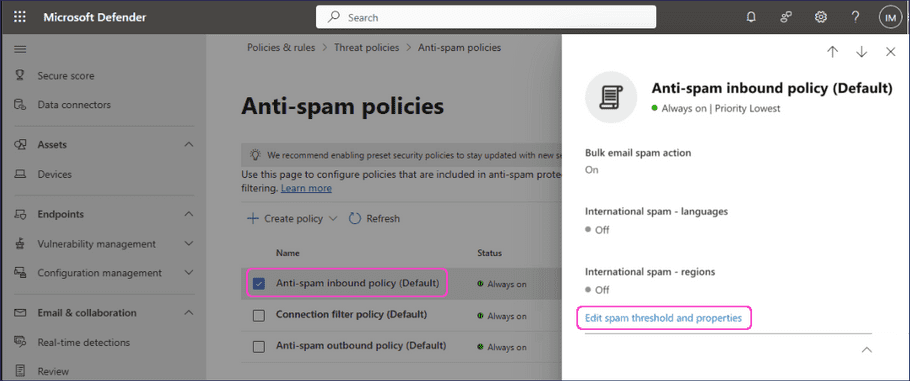 Editing anti-spam inbound policy details