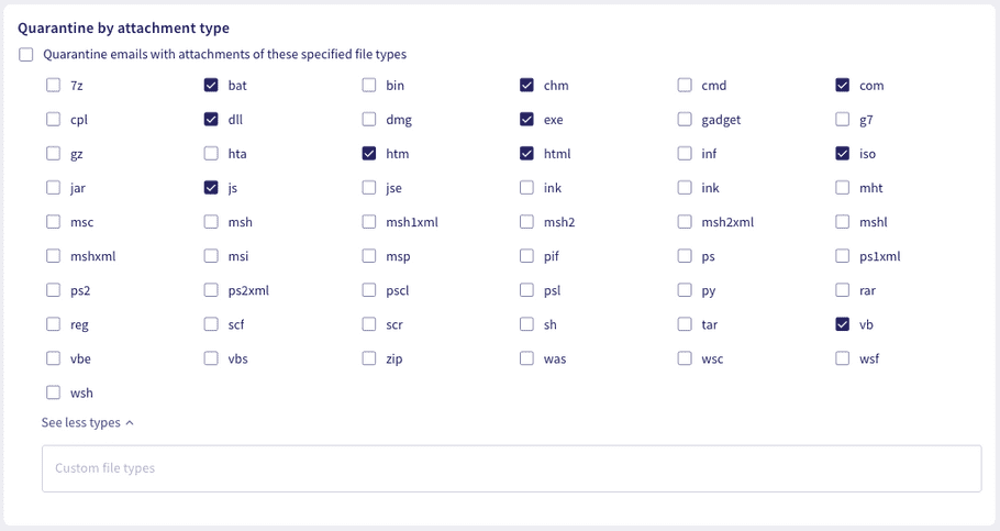 Quarantine emails with attachment file types