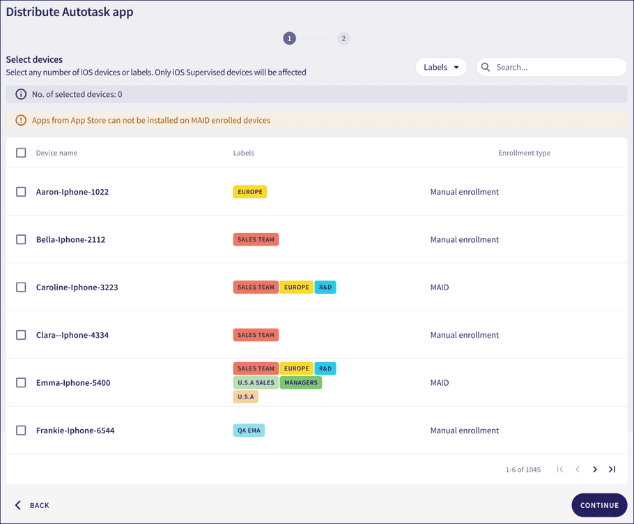 Distribute an app dialog - Select devices
