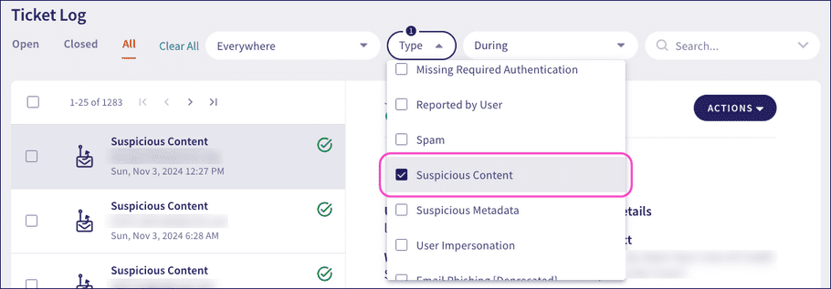 Filter the Ticket log