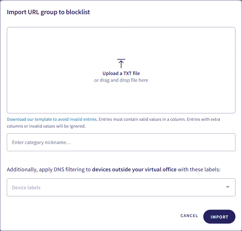 Add URL groups dialog