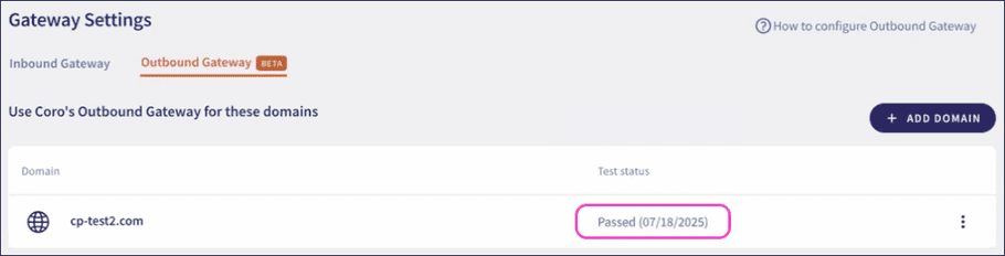 Domain added with test status of pending