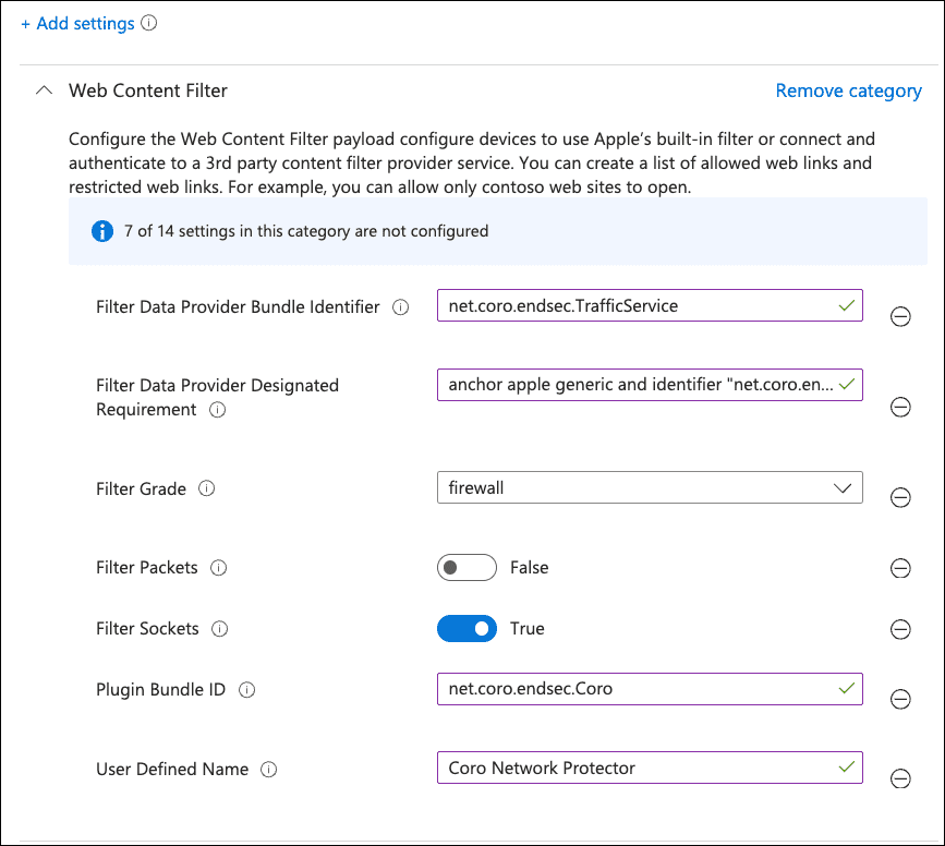 Enter Web Content Filter settings