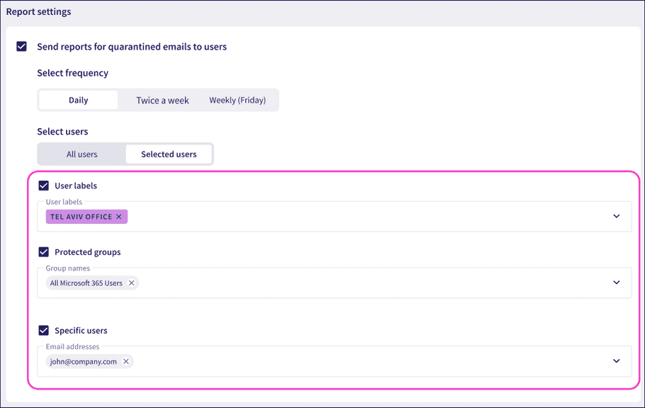 Quarantined email report settings - selected users