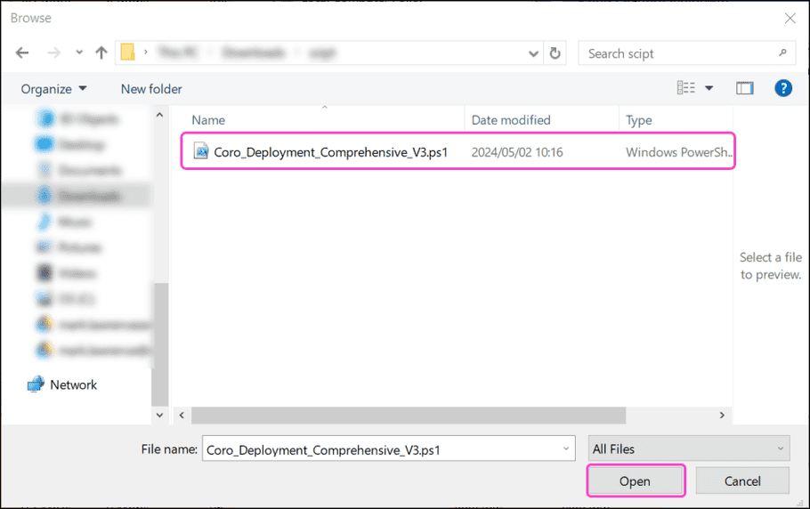Selecting the Coro PowerShell file