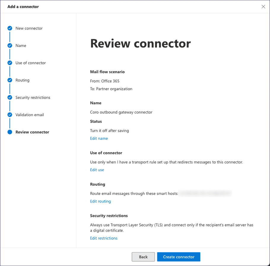 Reviewing the new mail flow connector settings