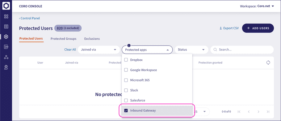 Inbound Gateway selected in Protected apps dropdown