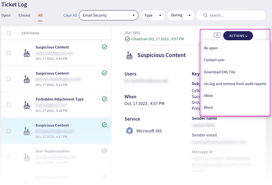 Email Security ticket actions