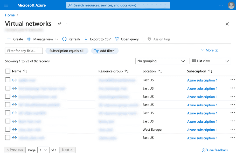 Azure virtual networks list