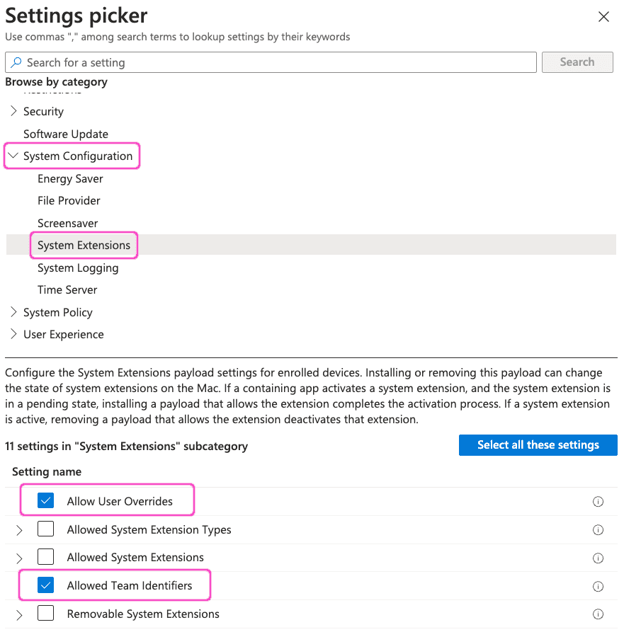 Select System Extension settings