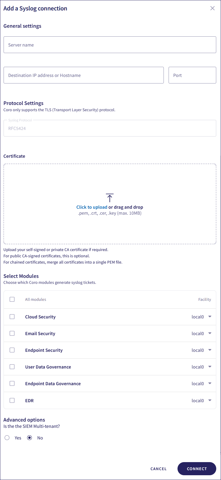 "Syslog add connection dialog"