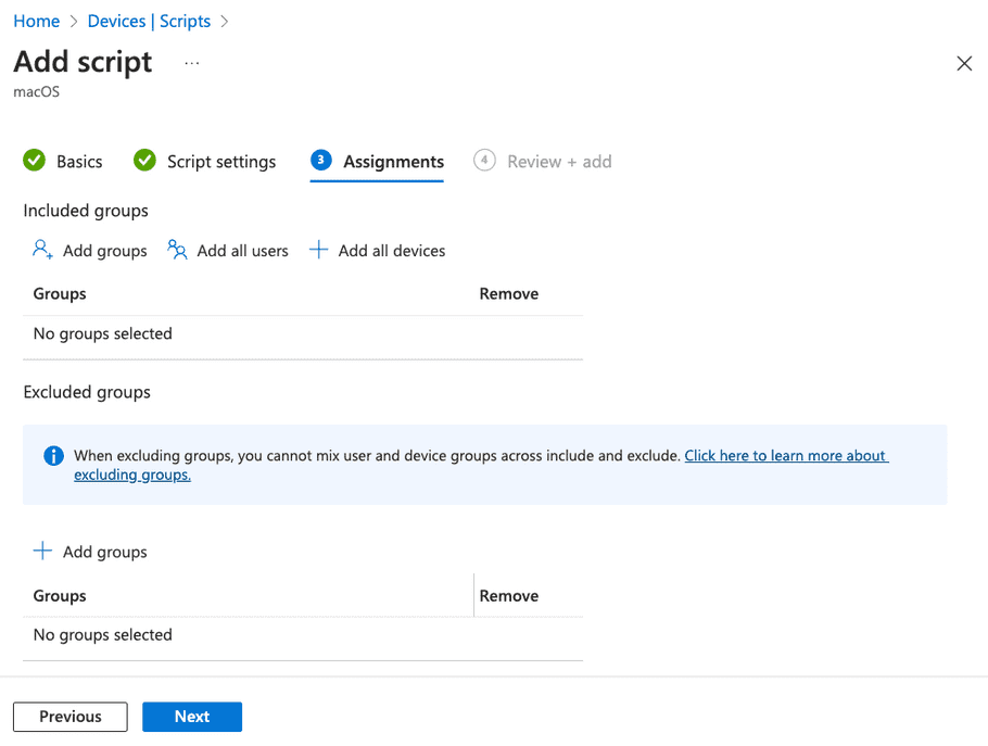 Add script dialog - Assignments