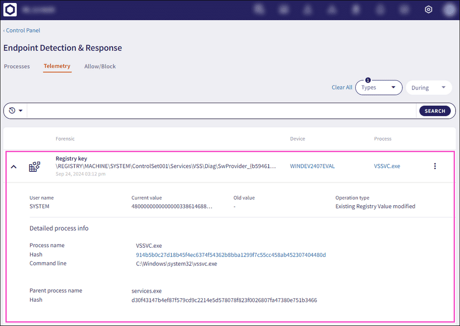 Registry key detailed process info