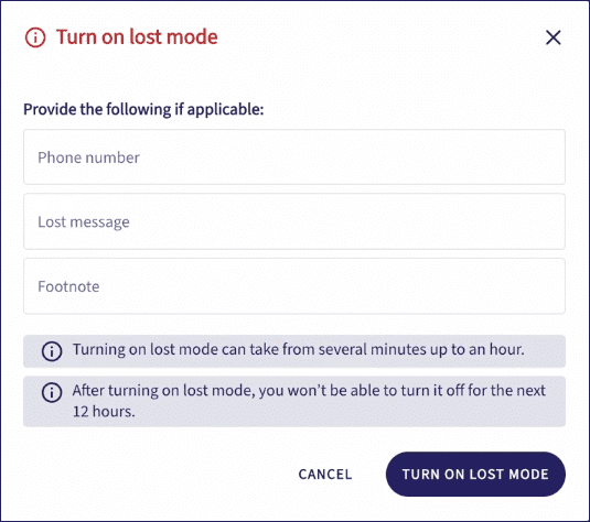 lost mode dialog for iOS/iPadOS